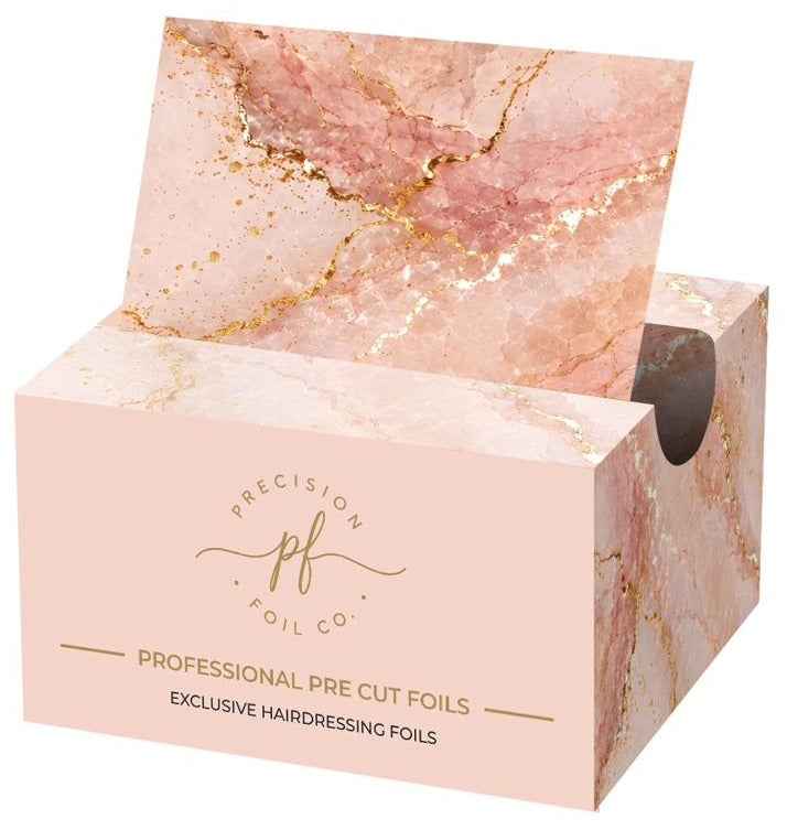 Precision Foil Co pop-up box of pink marble and gold hairdressing foils